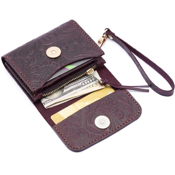 Handmade Wristlet Wallets for Women, Western Floral Leather Small Credit Card Ho - Picture 1 of 8